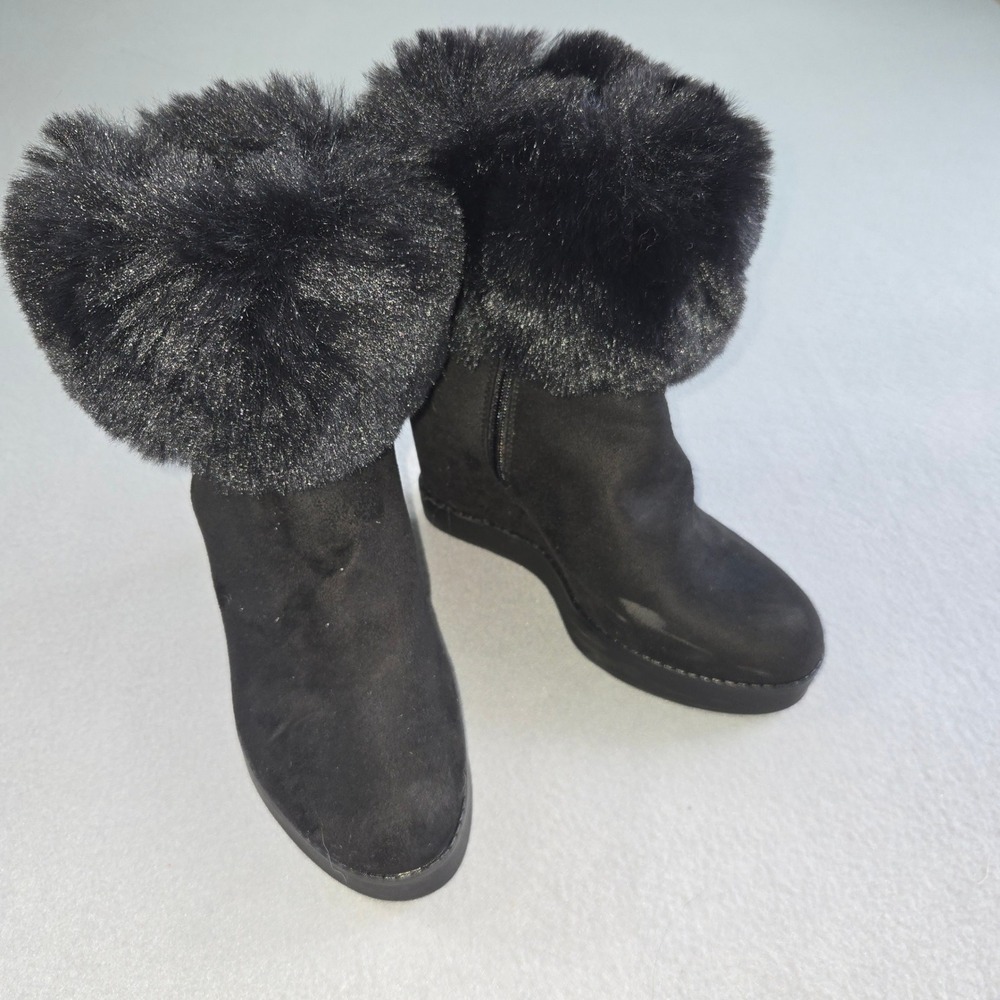 Bamboo Wedge Ankle Boots Womens 7.5 Black Faux Fur Trim Suede Platform Zip